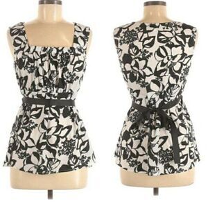 Loft Blouse Sleeveless Pleated Square Neck Peplum Tie Waist Floral Black White 8
